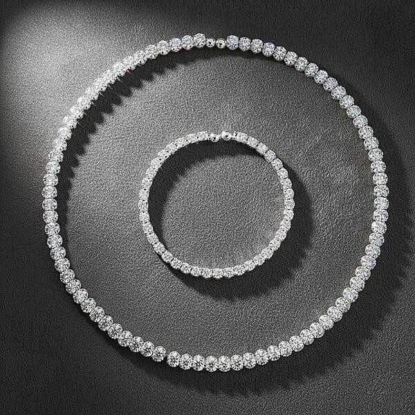2 Piece Set Simulated Diamond Chocker Necklace 17.0 Inches And Bracelet (7.5In) In Silvertone