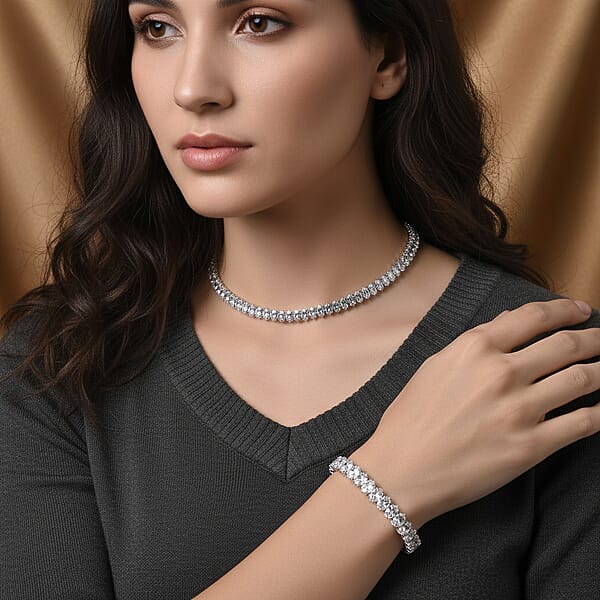 2 Piece Set Simulated Diamond Chocker Necklace 17.0 Inches And Bracelet (7.5In) In Silvertone