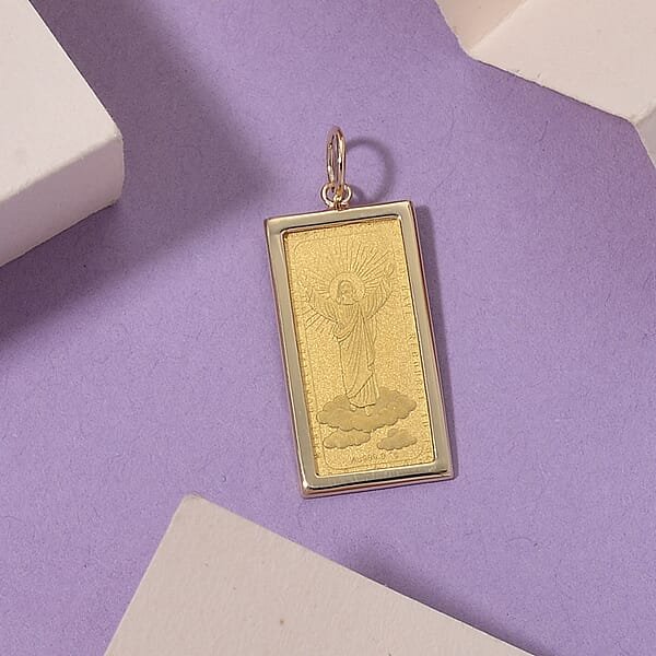 24K Gold Jesus Ingot Bar (1 Gram) With 14K Yellow Gold Frame Pendant (0.43 Gram) (Total 1.4gm)