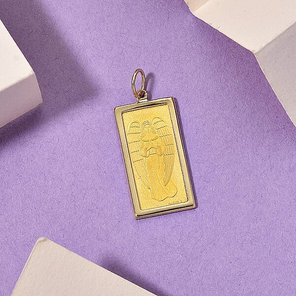 24K Golden Angel Blessings Ingot Bar 1g With 14K Yellow Gold Frame 0.40g Pendant
