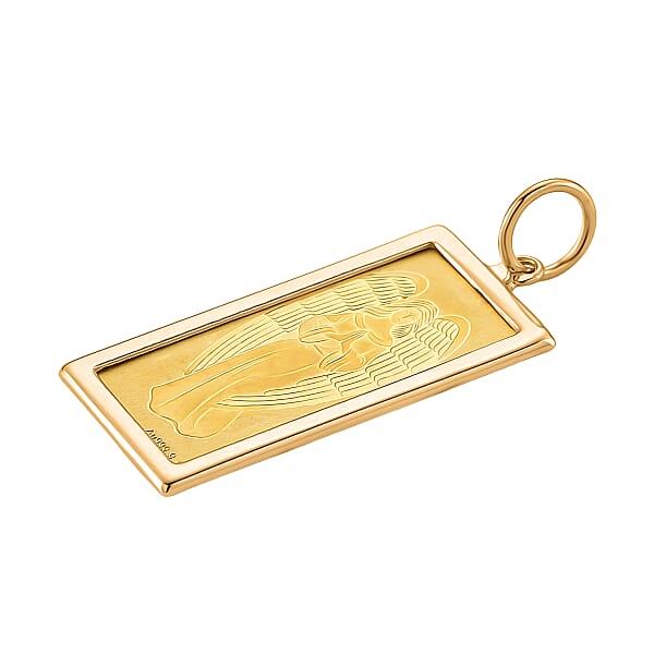 24K Golden Angel Blessings Ingot Bar 1g With 14K Yellow Gold Frame 0.40g Pendant