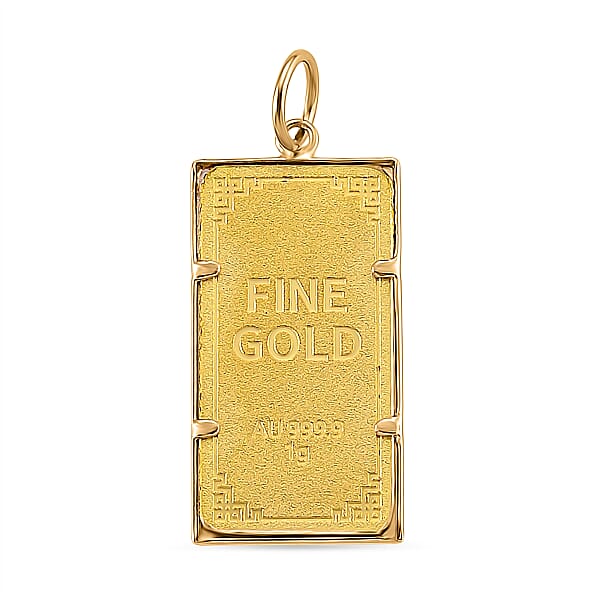 24K Golden Angel Blessings Ingot Bar 1g With 14K Yellow Gold Frame 0.40g Pendant
