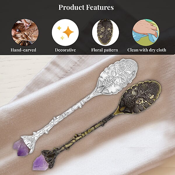 2pcs Hand Carved Natural Amethyst Deco Set In Silvertone & Bronze (4.33 )