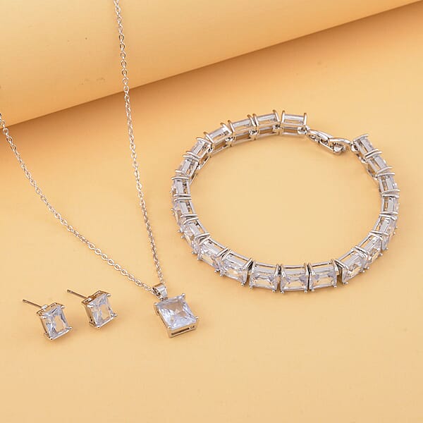 3 Piece Set Austrian Crystal Tennis Bracelet (7.25In) Solitaire Pendant Necklace 20 Inches And Earrings In Silvertone