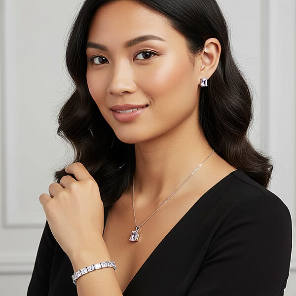 3 Piece Set Austrian Crystal Tennis Bracelet (7.25In) Solitaire Pendant Necklace 20 Inches And Earrings In Silvertone
