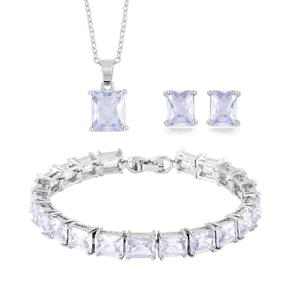 3 Piece Set Austrian Crystal Tennis Bracelet (7.25In) Solitaire Pendant Necklace 20 Inches and Earrings in Silvertone