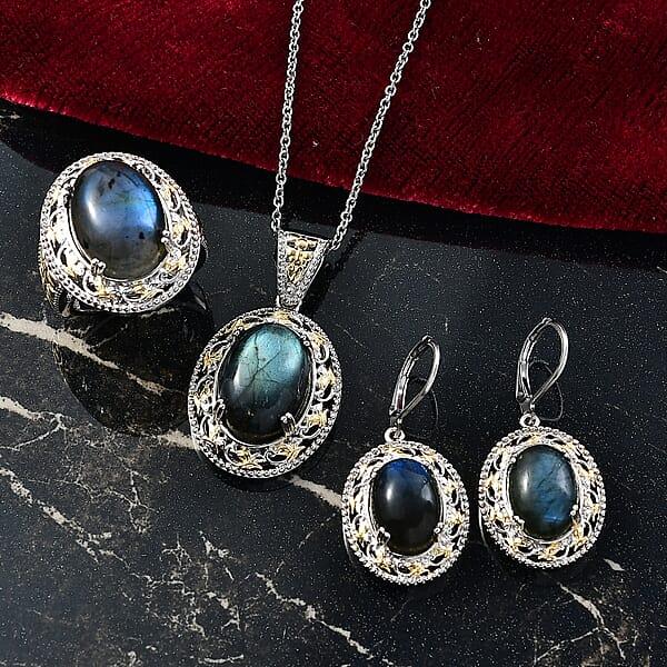 3 Piece Set - EverTrue Malagasy Labradorite 36.60 Ctw Vintage Mirror Earrings Ring And Pendant In 18K YG Plated And Platinum Bond With Stainless Steel Chain 20 Inches