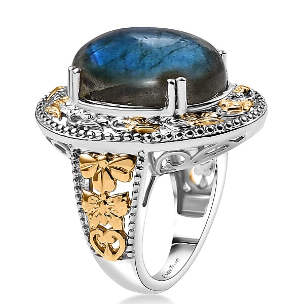 3 Piece Set - EverTrue Malagasy Labradorite 36.60 Ctw Vintage Mirror Earrings Ring And Pendant In 18K YG Plated And Platinum Bond With Stainless Steel Chain 20 Inches