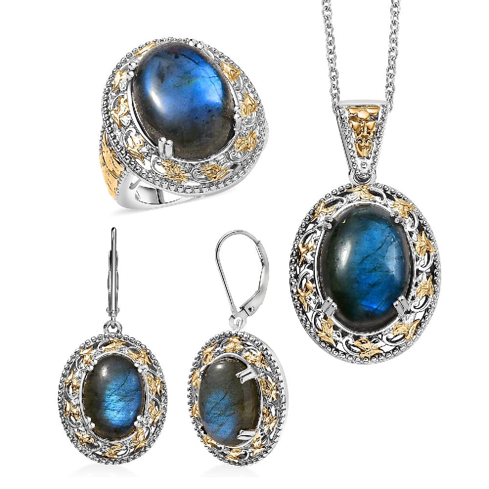 3 Piece Set - EverTrue Malagasy Labradorite 36.60 ctw Vintage Mirror Earrings Ring and Pendant in 18K YG Plated and Platinum Bond with Stainless Steel Chain 20 Inches