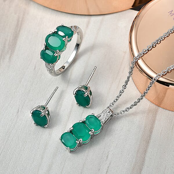3 Piece Set - EverTrue Verde Onyx 7.50 Ctw Stud Earrings Ring And Pendant In Platinum Bond With Stainless Steel Necklace 20 Inches