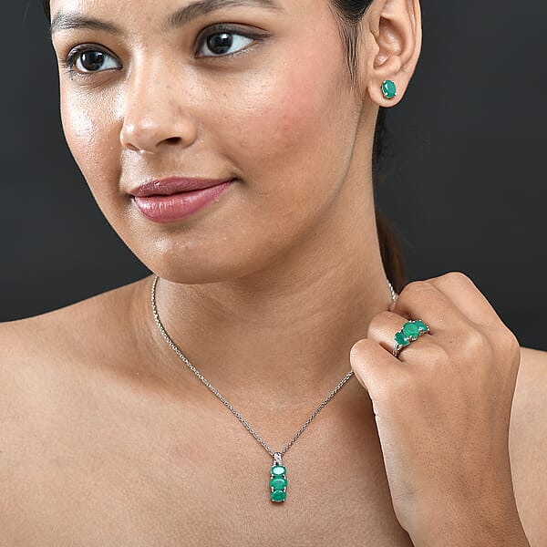 3 Piece Set - EverTrue Verde Onyx 7.50 Ctw Stud Earrings Ring And Pendant In Platinum Bond With Stainless Steel Necklace 20 Inches