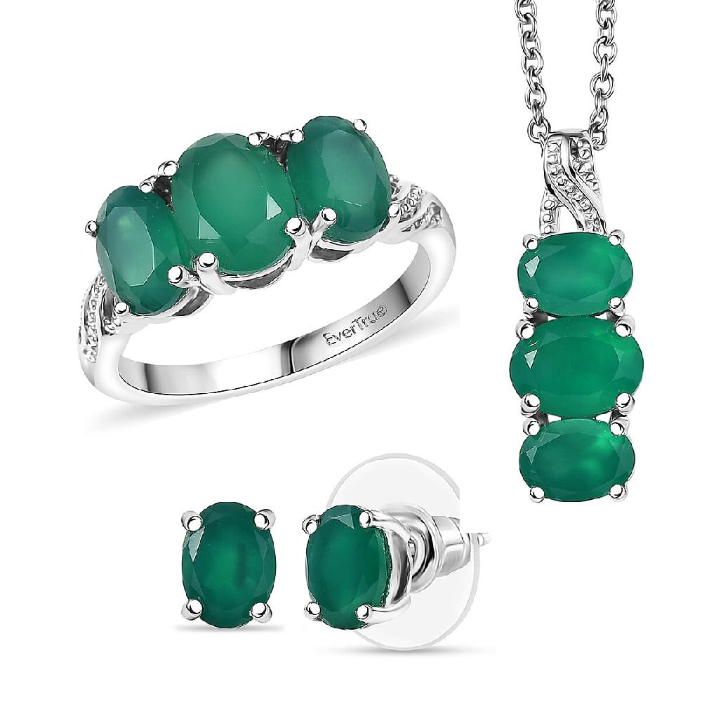 3 Piece Set - EverTrue Verde Onyx 7.50 ctw Stud Earrings Ring and Pendant in Platinum Bond with Stainless Steel Necklace 20 Inches