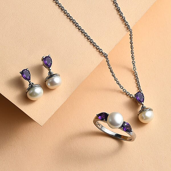 3 Piece Set - EverTrue White Freshwater Pearl And African Amethyst 2.00 Ctw Earrings Ring And Pendant In Stainless Steel Necklace 20 Inches