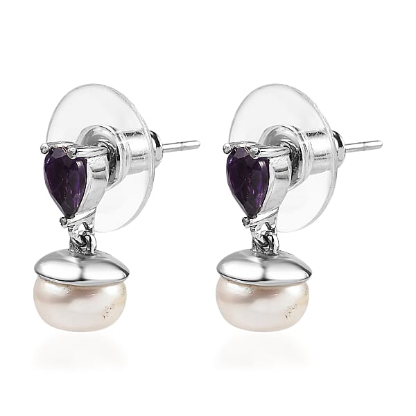 3 Piece Set - EverTrue White Freshwater Pearl And African Amethyst 2.00 Ctw Earrings Ring And Pendant In Stainless Steel Necklace 20 Inches