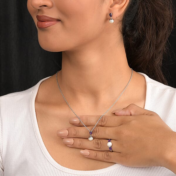 3 Piece Set - EverTrue White Freshwater Pearl And African Amethyst 2.00 Ctw Earrings Ring And Pendant In Stainless Steel Necklace 20 Inches