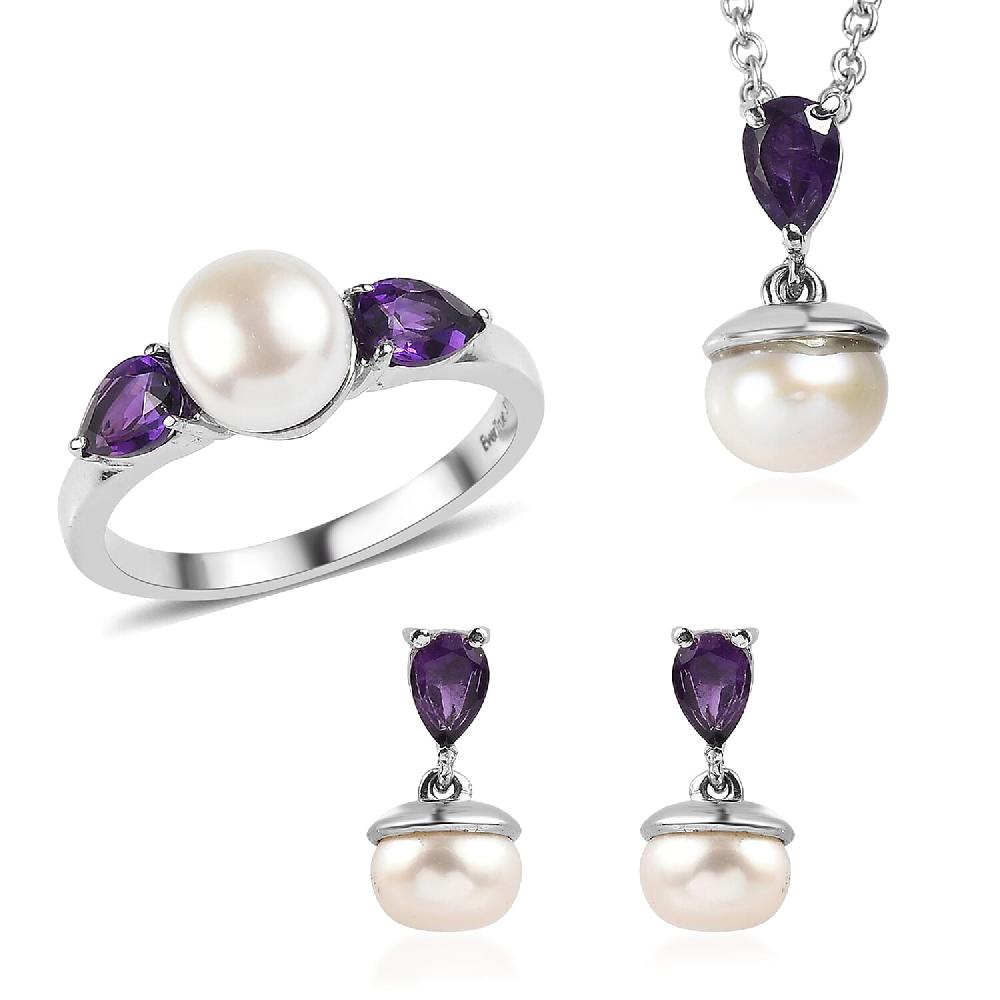 3 Piece Set - EverTrue White Freshwater Pearl and African Amethyst 2.00 ctw Earrings Ring and Pendant in Stainless Steel Necklace 20 Inches