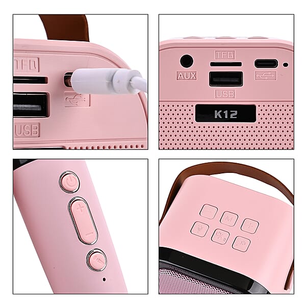 3pcs Bluetooth Karaoke Speaker With Colorful LED Lights And 2pc Wireless Microphone - Pink