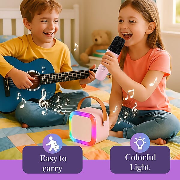 3pcs Bluetooth Karaoke Speaker With Colorful LED Lights And 2pc Wireless Microphone - Pink