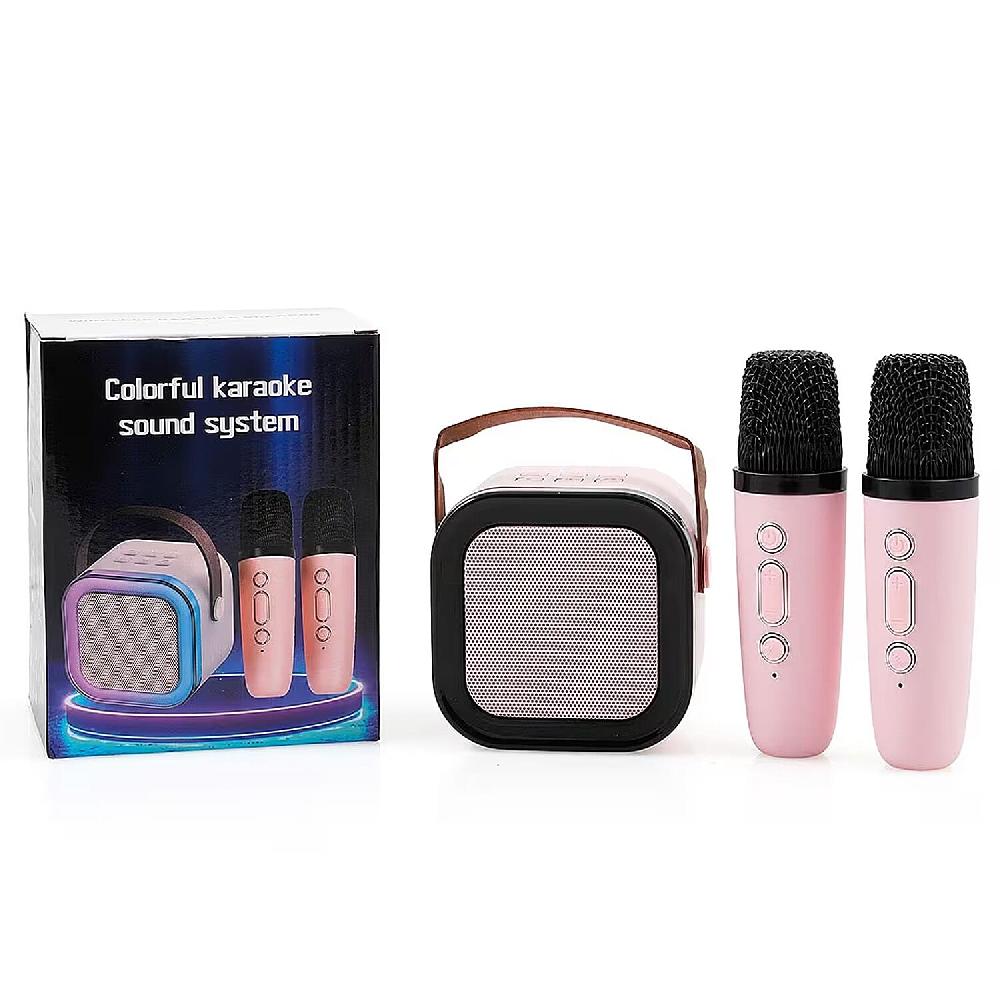3pcs Bluetooth Karaoke Speaker With Colorful LED Lights And 2pc Wireless Microphone - Pink