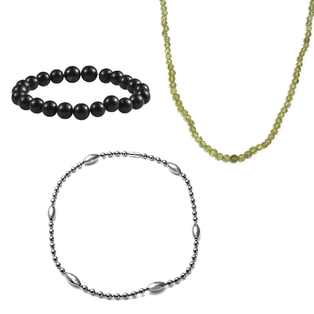 3pcs Set - Multi Gemstone 492.00 ctw Beaded 2pc Necklace (20 22In) and Stretch Bracelet in Silvertone and Rhodium Over Sterling Silver