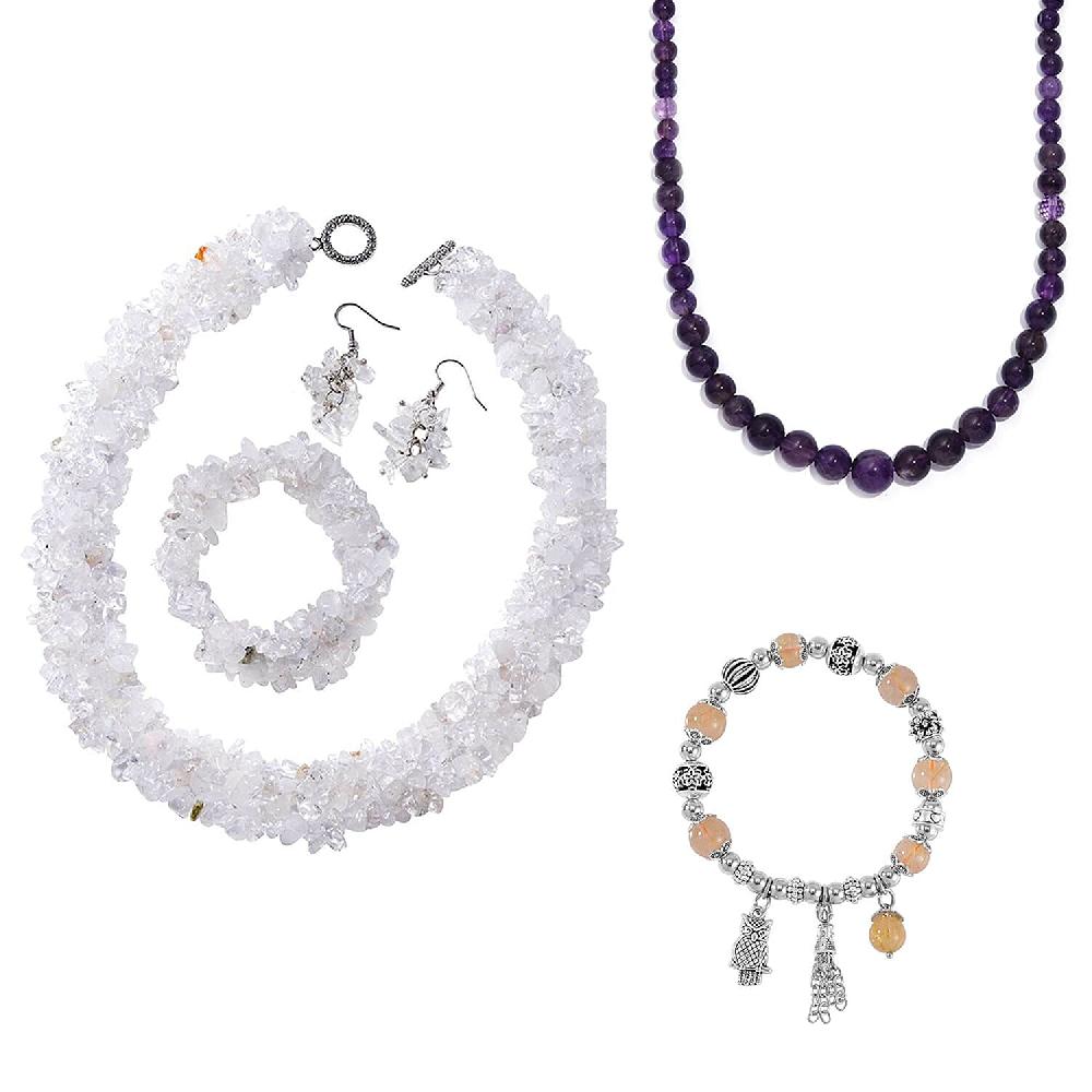 5pcs Set - Multi Gemstone 385.00 ctw 3pcs Necklace (18 20In) Stretch Bracelet and Earrings in Stainless Steel and Sterling Silver