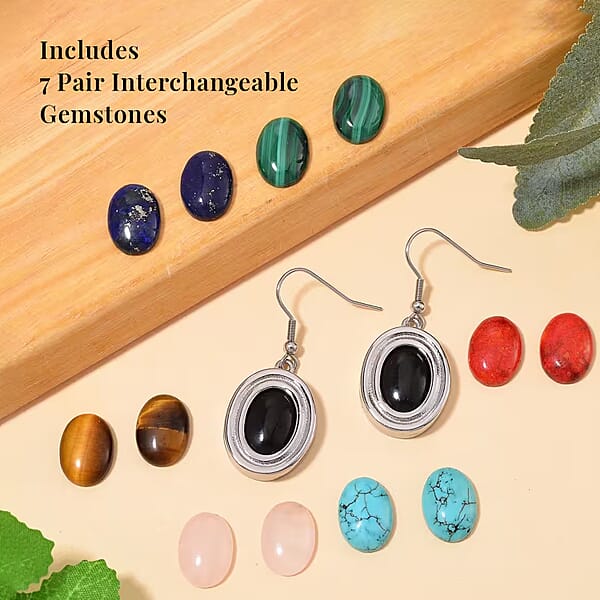 7pcs Interchangeable Multi Gemstone 56.00 Ctw Earrings In Stainless Steel