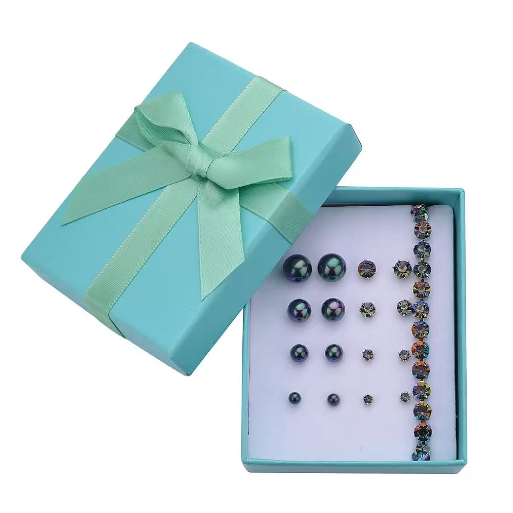 9pcs Jewelry Set - 4pcs Peacock Shell Pearl Earrings 4pcs Multi Color Crystal Earrings and 1pc Bracelet (7.5-9.5 Inches) in Silvertone & Stainless Steel