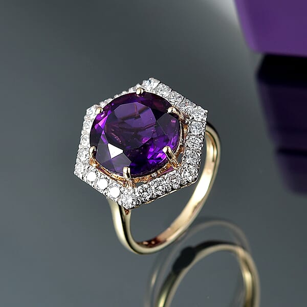 AAA Amethyst And G-H SI Luxuriant Lab Grown Diamond 7.14 Ctw Ring In 10K Yellow Gold