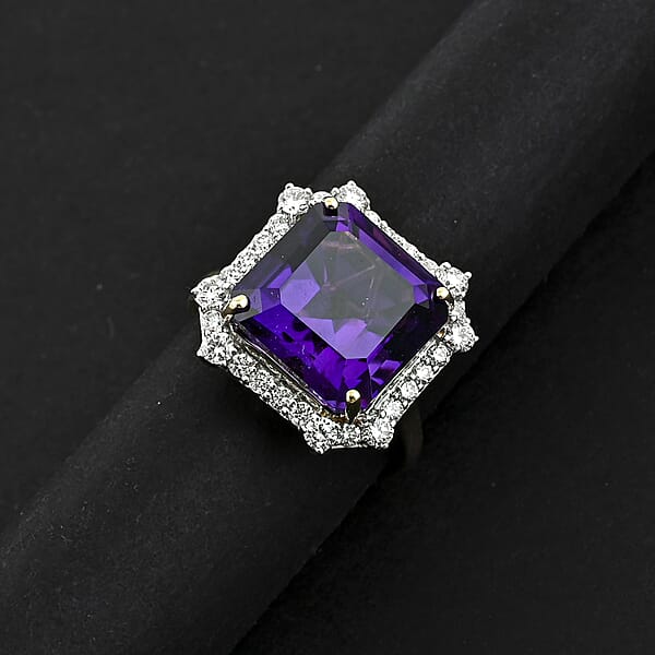 AAA Asscher Cut Brejinho Amethyst And G-H SI Luxuriant Lab Grown Diamond 8.81 Ctw Ring In 10K Yellow Gold