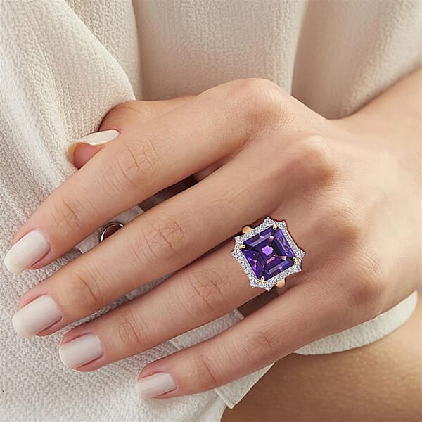 AAA Asscher Cut Brejinho Amethyst And G-H SI Luxuriant Lab Grown Diamond 8.81 Ctw Ring In 10K Yellow Gold