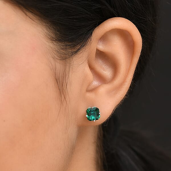 AAA Asscher Cut Luxuriant Lab Grown Emerald 1.80 Ctw Solitaire Stud Earrings In 10K White Gold (Del. In 10-12 Days)