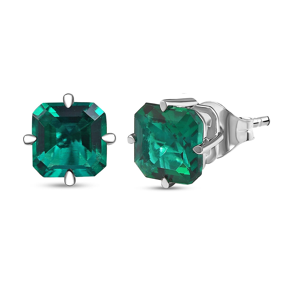 AAA Asscher Cut Luxuriant Lab Grown Emerald 1.80 Ctw Solitaire Stud Earrings In 10K White Gold (Del. In 10-12 Days)