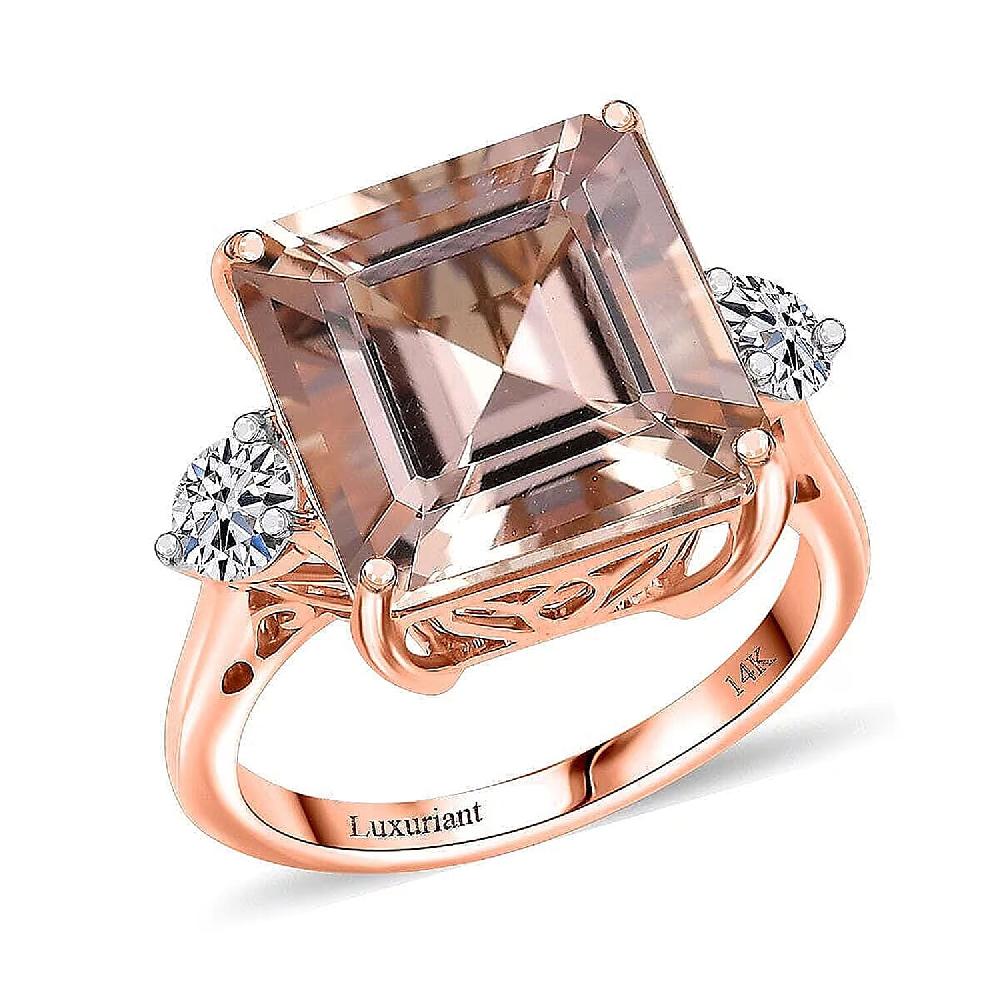 AAA Asscher Cut Marropino Morganite and G-H SI Luxuriant Lab Grown Diamond 8.35 ctw Art Deco Ring in 14K Rose Gold