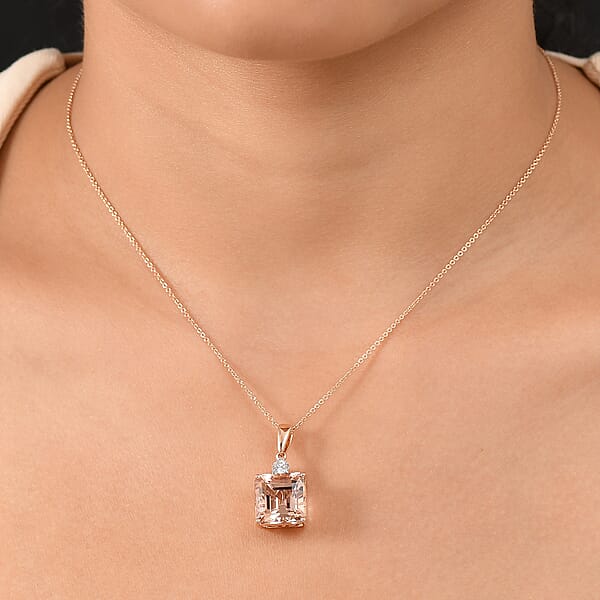 AAA Asscher Cut Marropino Morganite And Luxuriant Lab Grown Diamond 8.20 Ctw Art Deco Pendant Necklace 20 Inches In 14K Rose Gold