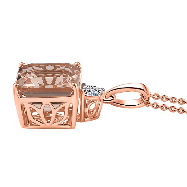AAA Asscher Cut Marropino Morganite And Luxuriant Lab Grown Diamond 8.20 Ctw Art Deco Pendant Necklace 20 Inches In 14K Rose Gold
