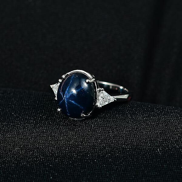 AAA Blue Star Sapphire Lab Grown Diamond Astra Ring In 10K White Gold 7.60 Ctw