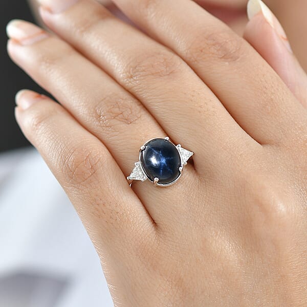 AAA Blue Star Sapphire Lab Grown Diamond Astra Ring In 10K White Gold 7.60 Ctw