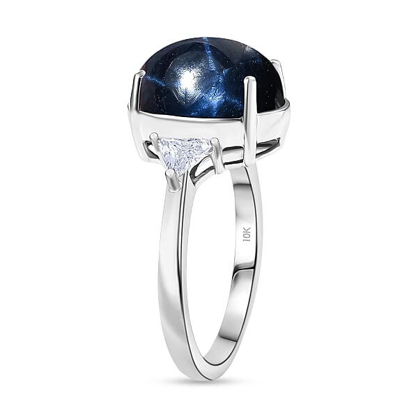 AAA Blue Star Sapphire Lab Grown Diamond Astra Ring In 10K White Gold 7.60 Ctw