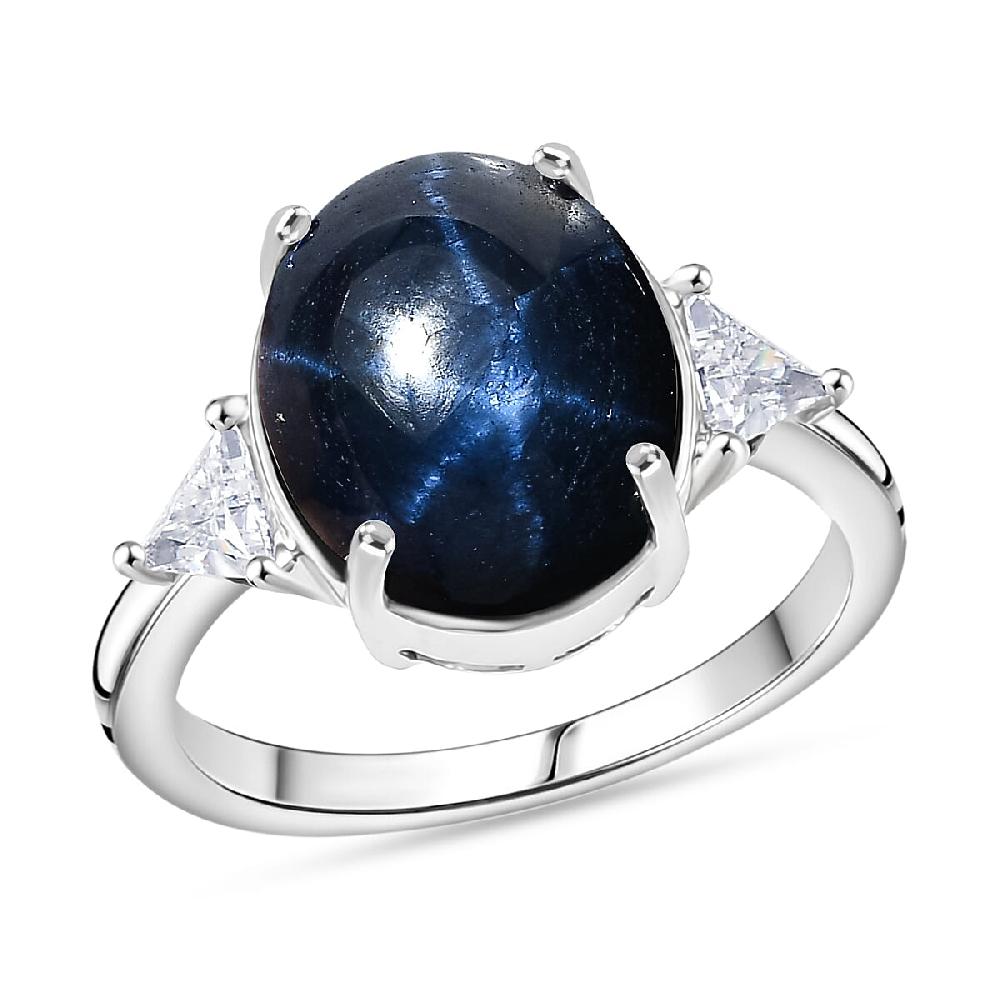 AAA Blue Star Sapphire Lab Grown Diamond Astra Ring in 10K White Gold 7.60 ctw
