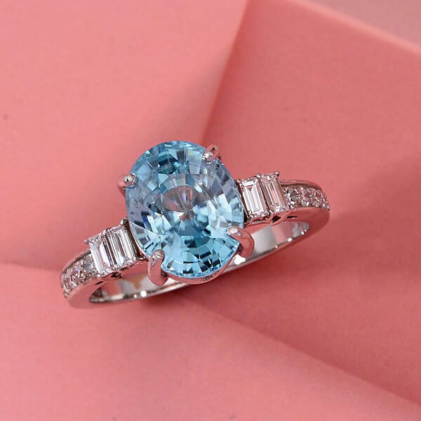 AAA Cambodian Blue Zircon And G-H SI Luxuriant Lab Grown Diamond 4.50 Ctw Ring In 10K White Gold