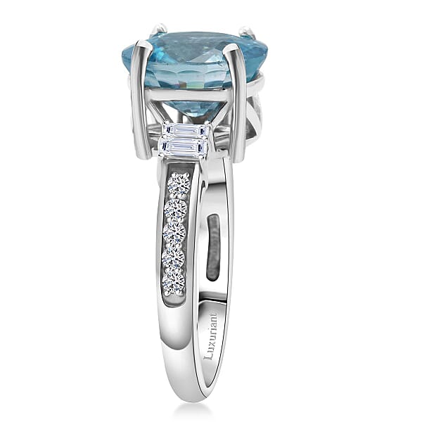 AAA Cambodian Blue Zircon And G-H SI Luxuriant Lab Grown Diamond 4.50 Ctw Ring In 10K White Gold