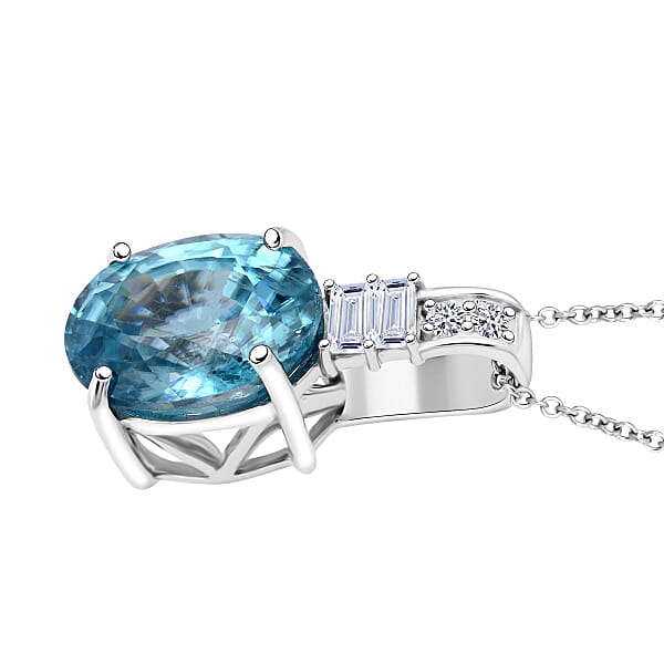 AAA Cambodian Blue Zircon And G-H SI Luxuriant Lab Grown Diamond 4.20 Ctw Pendant Necklace In 10K White Gold 18 Inches
