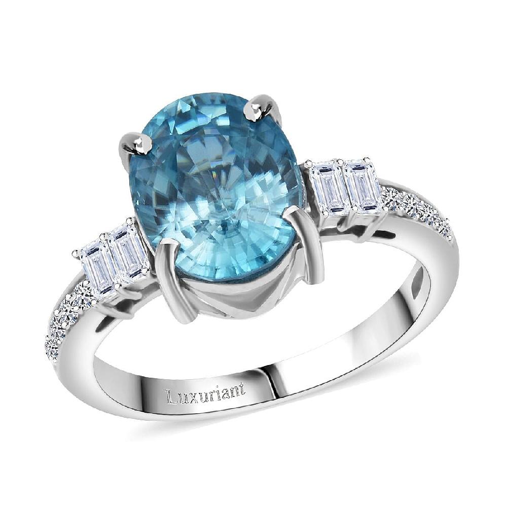 AAA Cambodian Blue Zircon and G-H SI Luxuriant Lab Grown Diamond 4.50 ctw Ring in 10K White Gold