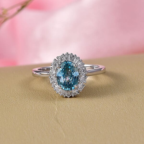 AAA Cambodian Blue Zircon And Luxuriant Lab Grown Diamond G-H SI 2.58 Ctw Ring In 10K White Gold