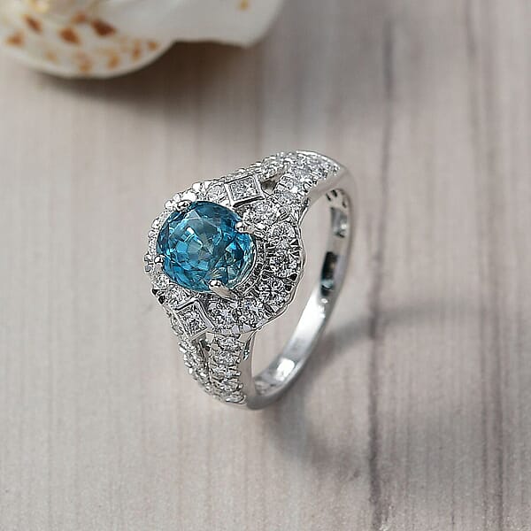 AAA Cambodian Blue Zircon Lab Grown Diamond Ring In 10K White Gold 4.85 Ctw