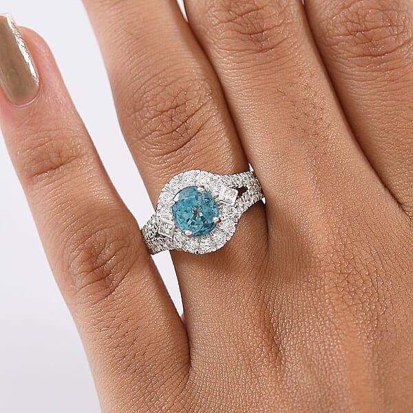 AAA Cambodian Blue Zircon Lab Grown Diamond Ring In 10K White Gold 4.85 Ctw