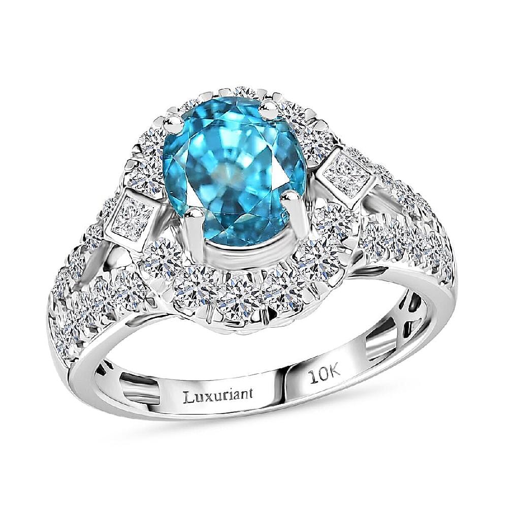 AAA Cambodian Blue Zircon Lab Grown Diamond Ring in 10K White Gold 4.85 ctw