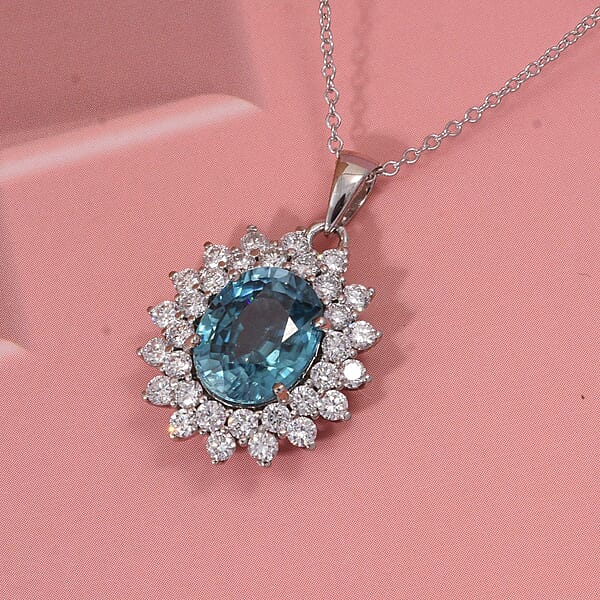 AAA Cambodian Perito Moreno Blue Zircon And G-H SI Luxuriant Lab Grown Diamond 5.50 Ctw Sea Radiance Pendant Necklace In 10K White Gold 18 Inches