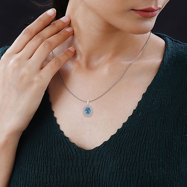 AAA Cambodian Perito Moreno Blue Zircon And G-H SI Luxuriant Lab Grown Diamond 5.50 Ctw Sea Radiance Pendant Necklace In 10K White Gold 18 Inches