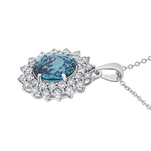 AAA Cambodian Perito Moreno Blue Zircon And G-H SI Luxuriant Lab Grown Diamond 5.50 Ctw Sea Radiance Pendant Necklace In 10K White Gold 18 Inches